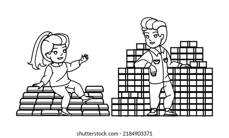 Kid Millionair Vector. Money Gold Cash Boy Girl, Rich Child, Boss Bonus Kid Millionair Character. People Black Line Pencil Drawing Vector Illustration