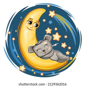Kid Mouse sleeps on the moon. Dreaming a dream. Childrens illustration. Funny Night sky with a comet. The baby animal fell asleep. Cartoon style picture. Isolated on white background. Vector.