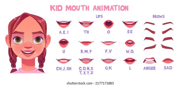 Kid mouth animation with different facial expressions. Little caucasian girl cartoon character lip sync sound pronunciation and phoneme, mouth talk and eyebrow movement chart, Vector illustration set.