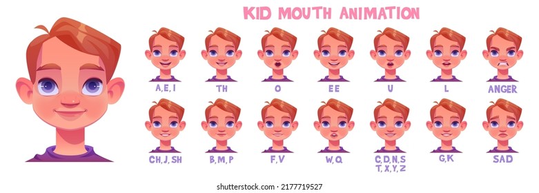 Kid mouth animation with different facial expressions. Little caucasian boy cartoon character lip sync sound pronunciation and phoneme, mouth talk and eyebrow movement chart, Vector illustration set.