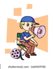 Kid Movie Director Character Sitting On Chair Shouting In Megaphone. Serious Child Filmmaker. Cute Boy Engaged In Film Production. Filming Workflow Process. Cinematography. Vector Illustration