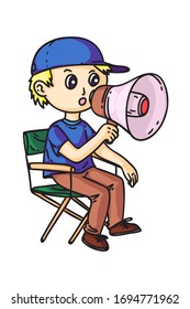 Kid Movie Director Character Sitting On Chair Shouting In Megaphone. Serious Child Filmmaker. Cute Boy Engaged In Film Production. Filming Workflow Process. Cinematography. Vector Illustration