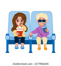 kid movie vector. popcorn soda child boy girl, watch television together kid movie character. people flat cartoon illustration
