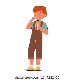 Kid Munching On Crispy French Fries. Little Boy Character Savoring The Golden Bites With Delight. Happy Expressions Reveal The Joy Of This Simple Pleasure. Cartoon People Vector Illustration