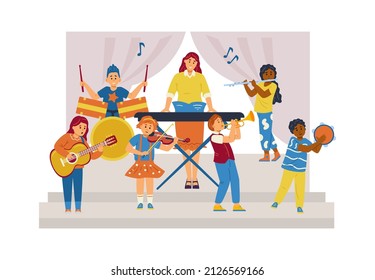 Kid Music Band Show On Kindergarten Stage. White And Black Boys And Girls Practice Music With Adult Teacher Playing Piano. Daycare Or School Music Class, Cartoon Flat Vector Illustration.