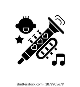 Kid music black glyph icon. Happy songs. Musical genres. Trombone with little hearts. Children singing hobby. Different song notes. Silhouette symbol on white space. Vector isolated illustration