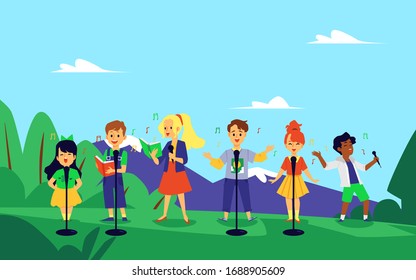 Kid Music Choir Singing In Nature - Cartoon Children Performing A Song In Summer Park With Microphones And Lyric Books. Elementary School Band -flat Vector Illustration