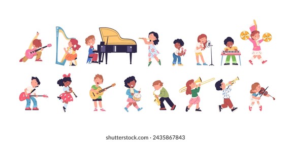 Charaktere von Kindermusikern. Kinder spielen Instrumente, junge Orchester Band Musikunterricht, Spaß Kinder spielen singen Violine Percussion, Cartoon-Figuren klassische Vektor-Illustration