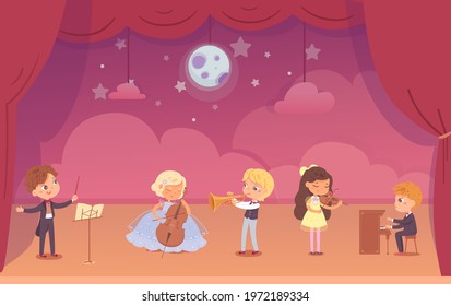 Kid musicians playing music on stage. Little girls and boys with piano, violin, trumpet, cello, conducting orchestra vector illustration. Children with instruments performing in front of audience.