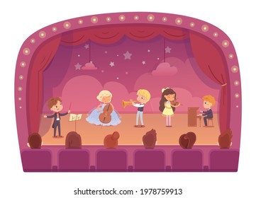 Kid Musicians Playing Music On Stage. Little Girls And Boys With Piano, Violin, Trumpet, Cello, Conducting Orchestra Vector Illustration. Children With Instruments Performing In Front Of Audience.