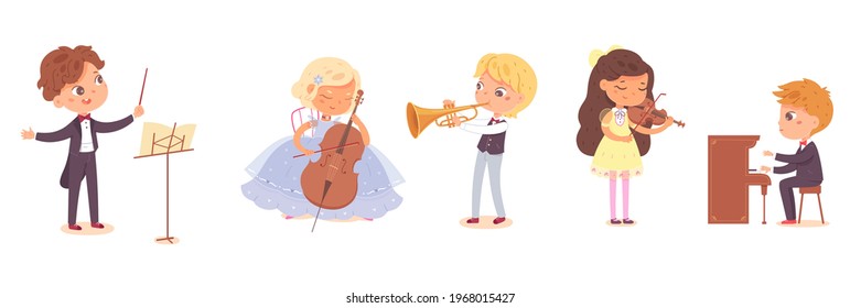 Kid musicians playing music set. Little girls and boys with piano, violin, trumpet, cello, conducting orchestra vector illustration. Children with instruments on white background.