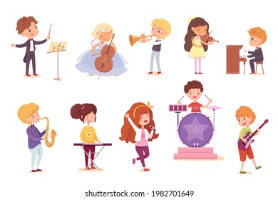 Kid musicians playing music set. Little girls and boys with piano, violin, trumpet, saxophone, electric guitar, drums vector illustration. Children with instruments on white background.