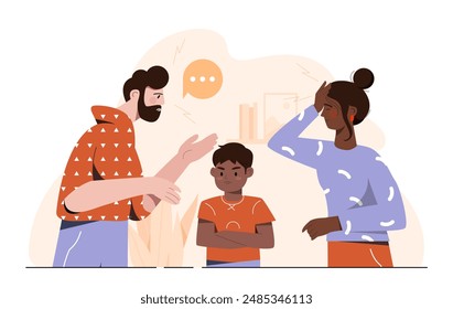 Kid near family quarrel. Mother and father quarrel and shout at each other near their son. Boy near parents scandal. Childhood trauma, negative feelings and emotions. Flat vector illustration