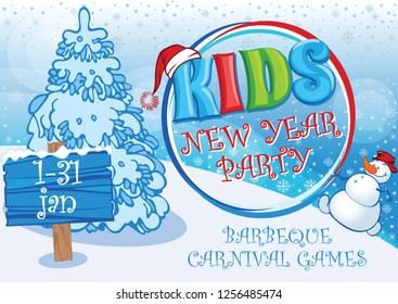 Kid New year party template. Winter Holiday party invitation. Kid winter festival horizontal flyer. Vector editable background