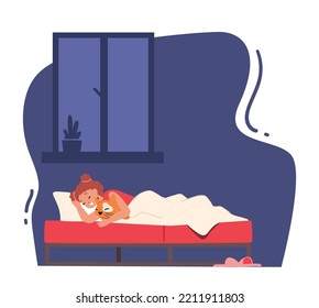 Relajación nocturna infantil, siesta en la habitación. Niña pequeña durmiendo en la cama abrazando la vista lateral del juguete. Carácter de bebé que descansa en un lugar relajado en un cómodo lugar para dormir en casa. Ilustración de vectores de personas de caricatura