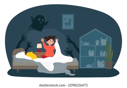 Kid nightmare concept. Little girl sitting on bed surrounded by shadows of hands. Fear and horror, fear of dark. Mental health and psychology. Crying child in bedroom. Cartoon flat vector illustration