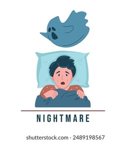 Kid nightmare illustration. A frightened boy has a bad dream, he is afraid of a monsters and pulling blanket. Sleep disorder, insomnia, childhood nightmares, bad dreams concept. Flat vector design.