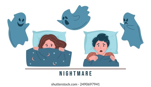 Kid nightmare illustration. A frightened children have a bad dream,they are afraid of a monsters and pulling blanket. Sleep disorder, insomnia, childhood nightmares, bad dreams concept. Vector design.