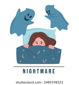 Kid nightmare illustration. A frightened girl has a bad dream, she is afraid of a monsters and pulling blanket. Sleep disorder, insomnia, childhood nightmares, bad dreams concept. Flat vector design.