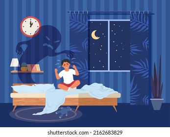 Kid Nightmare Vector. Crying Boy Child Sitting In Bed Afraid Of Ghost Monster Illustration. Scared Boy With Night Phobia Suffering From Insomnia