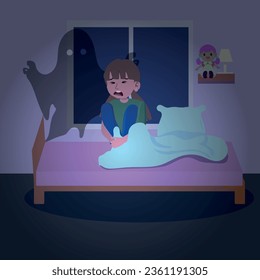 Kid nightmare vector. Crying child sitting in bed afraid of ghost monster illustration. Scared girl with night phobia suffering from insomnia.