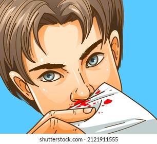 Kid With A Nosebleed. Healthcare Illustration, Medical Illustration. Vector Illustration. 