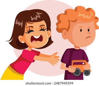 
Niño no compartiendo su juguete con su hermana Vector caricatura. Hermanos peleando por juguetes comunicándose con dificultad 
