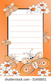 Kid notebook page with butterflies and white daisies - Lined page for children