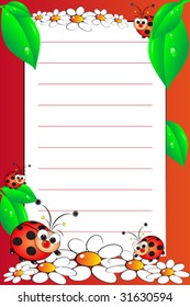 Kid notebook page with ladybugs and white daisies - Lined page for children