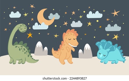 Kid nursery mural wallpaper with Sleeping dinosaurs, nights and stars, vector hand drawn illustration