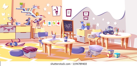 Kid nursery room or kindergarten interior vector illustration in cozy Scandinavian style. Tables with children drawing pencils, car and dragon toys with chalkboard and pillows on carpet