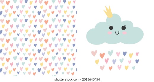 Jardín infantil de adorable ilustración vectorial con nubes sonrientes de bebé y llueve corazones y un fondo de patrón impecable con coloridos corazones arco iris. Impresión de camisetas para niños, textiles, diseño de invitación