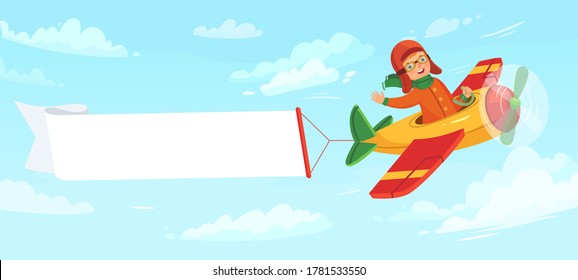 Kid on airplane with banner. Child pilot flying in plane among clouds in sky. Little boy having flight with empty banner with place for text. Aviation transportation vector illustration