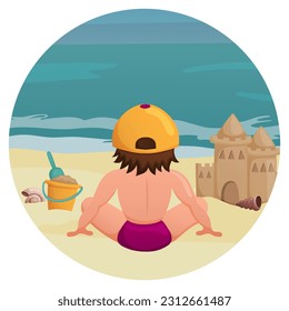 Los niños construyeron un castillo de arena en la playa. Un niño pequeño se sienta en la playa. Vista posterior. Ilustración vectorial. Caricatura.