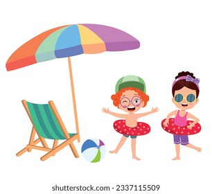 Kid on beach towel under umbrella, flat cartoon vector illustration isolated