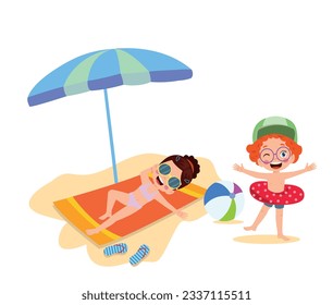 Kid on beach towel under umbrella, flat cartoon vector illustration isolated