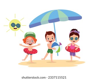 Kid on beach towel under umbrella, flat cartoon vector illustration isolated
