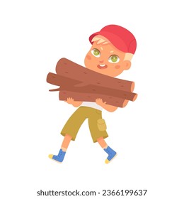 Kid on camping trip, boy bringing firewood for bonfire. Outdoor adventure scene vector illustration. Cute school student on summer vacation. Preparing fire on campsite.