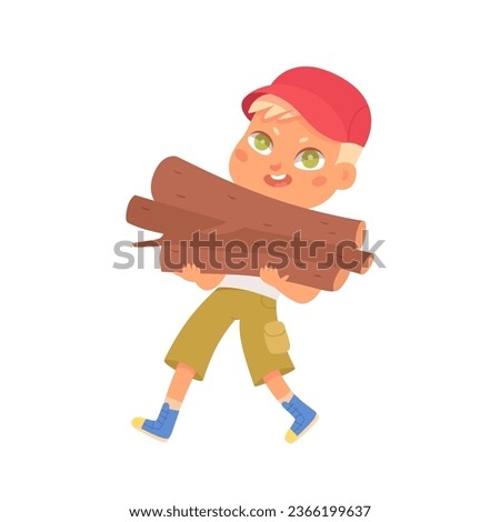 Kid on camping trip, boy bringing firewood for bonfire. Outdoor adventure scene vector illustration. Cute school student on summer vacation. Preparing fire on campsite.