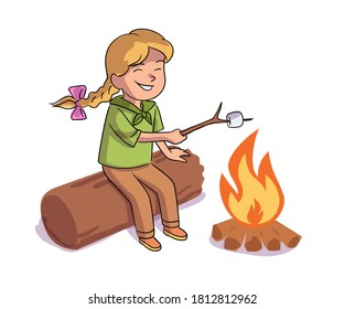 Kid On Camping Trip. Little Girl Scout Roast Marshmallow On Campfire. Outdoor Adventure Scene Vector Illustration. Cute School Student On Summer Vacation.