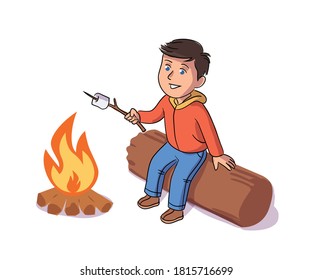 Kid On Camping Trip. Little Boy Scout Roast Marshmallow On Campfire. Outdoor Adventure Scene Vector Illustration. Cute School Student On Summer Vacation.