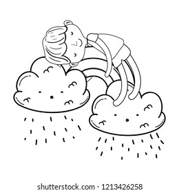 Kid on clouds cartoon in black and white