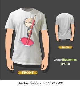 Kid on pencil after broken a paper inside a white shirt. Vector background design.
