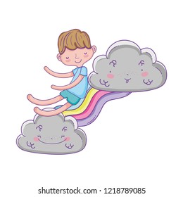 Kid on rainbow and clouds cartoon