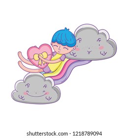Kid on rainbow and clouds cartoon