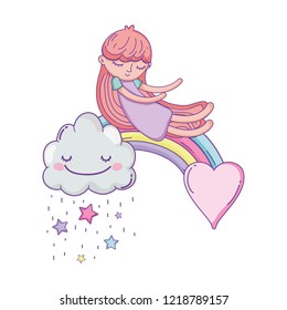Kid on rainbow and clouds cartoon