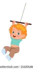 Kid On Rope Swing. Happy Swinging Little Child. Girl Flying In Bungee. Summer Outdoor Leisure. Cartoon Preschool Baby Hanging On Stick. Kindergarten Playground. Vector