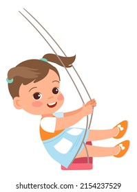 Kid on rope swing. Swinging girl. Park recreation. Preschool child playing in playground with attractions. Outdoor leisure. Active game. Baby riding carousel. Vector