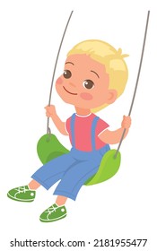 Kid On Rope Swing. Swinging Girl. Preschool Child Playing In Playground With Attractions. Park Recreation. Summer Outdoor Leisure. Joyful Baby Riding Carousel. Vector
