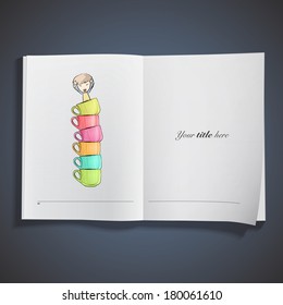 Kid on several cups printed on book. Vector design 